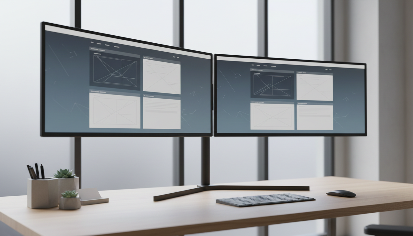 A clean, ultra-modern desktop workstation setup featuring dual widescreen monitors with slim bezels displaying abstract website wireframe designs in muted blues and greys. The desk is crafted from smooth, light oak with a matte finish, accompanied by a wireless keyboard and a geometric concrete desk organizer. Situated near a large window with frosted glass, the work area is bathed in indirect, natural light, casting soft shadows for a tranquil, focused ambiance. Photographed from a low-angle, near eye-level view with the foreground in sharp focus, the composition highlights structure and function, strongly conveying a professional, contemporary IT environment.